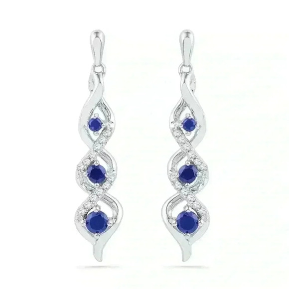 New Gorgeous Sterling Silver Blue White Sapphires Drop Earrings - Picture 2 of 3
